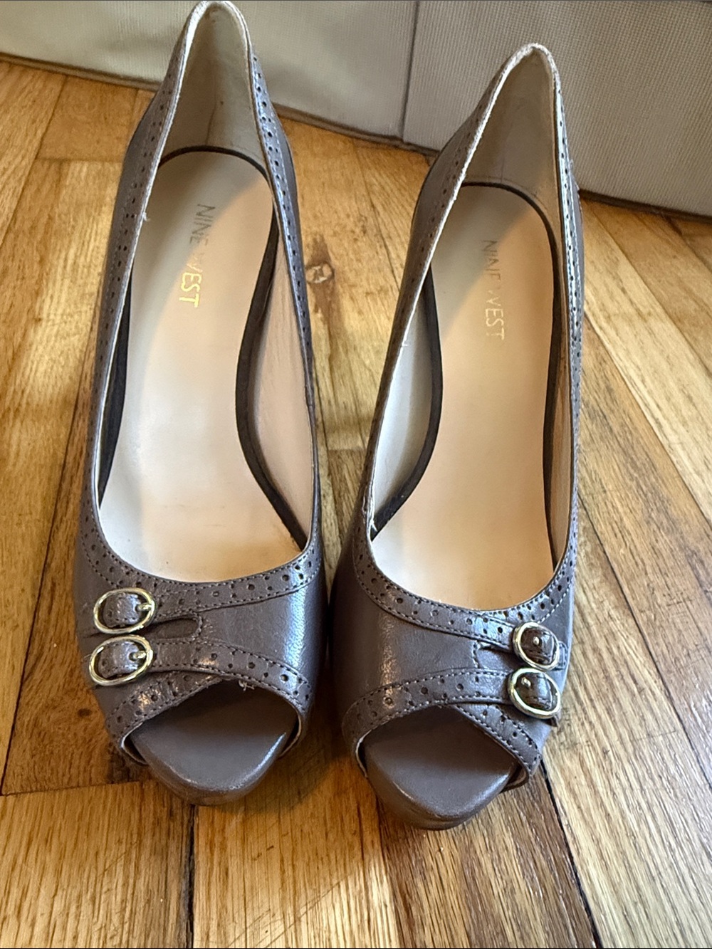 Nine West Taupe Peep-Toe Buckle Pumps